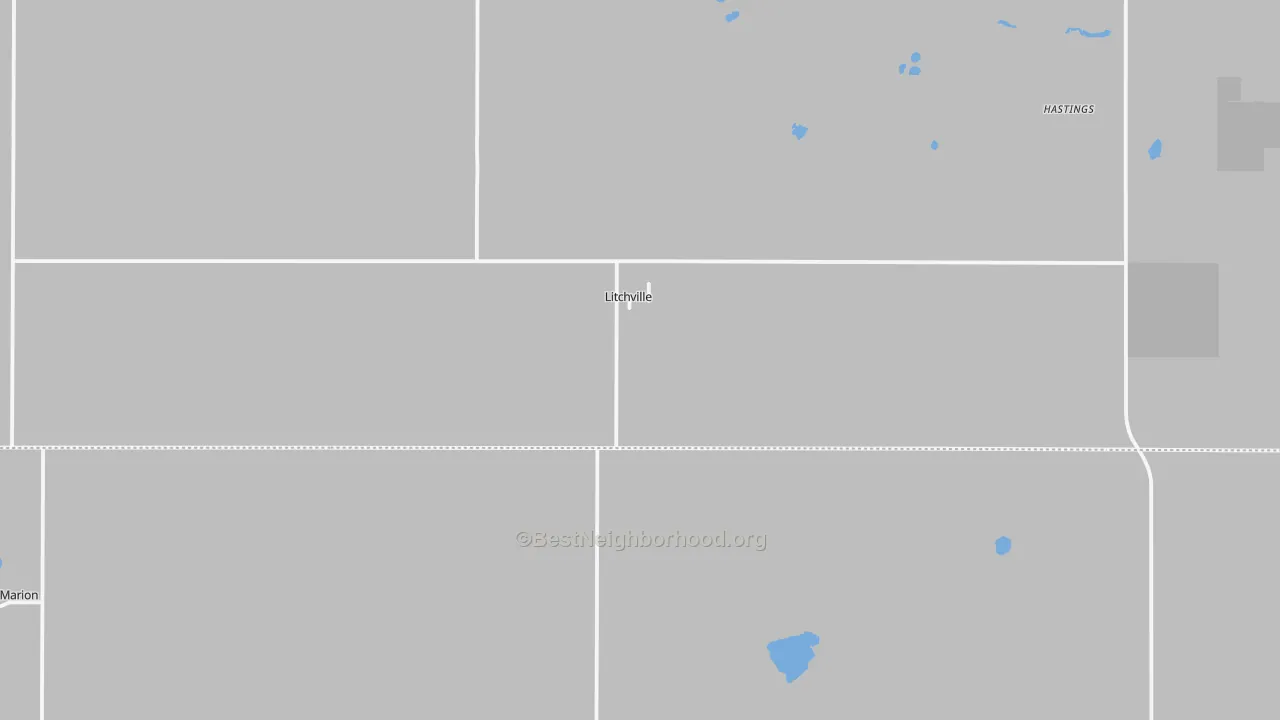 Walk Grade map of 58461, ND, walkable areas in green and car-dependent areas in red