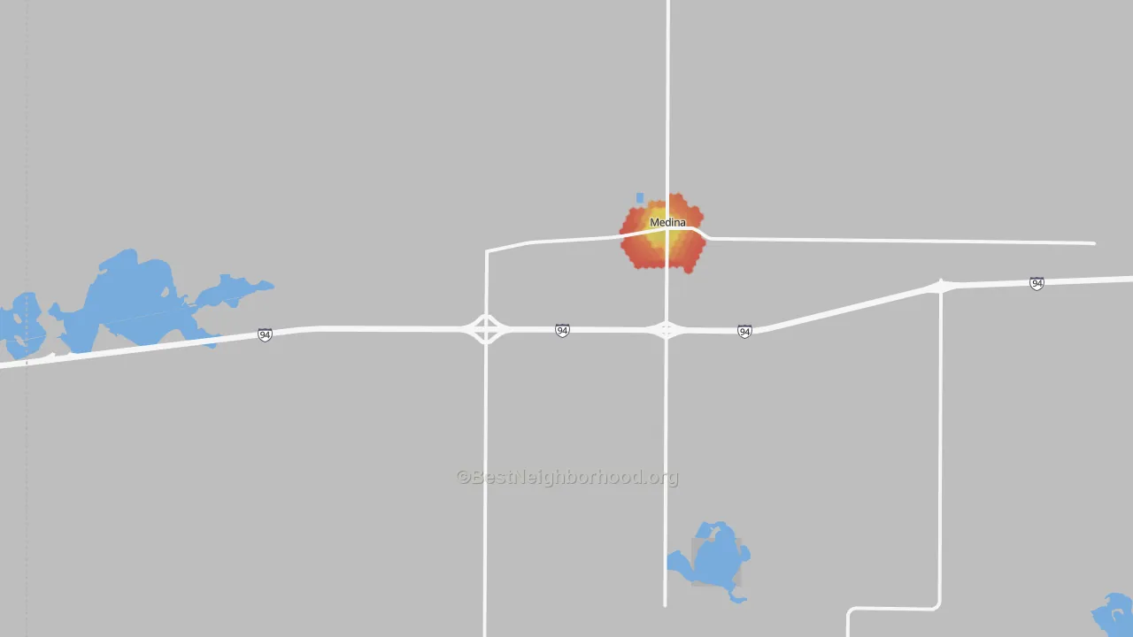 Walk Grade map of 58467, ND, walkable areas in green and car-dependent areas in red