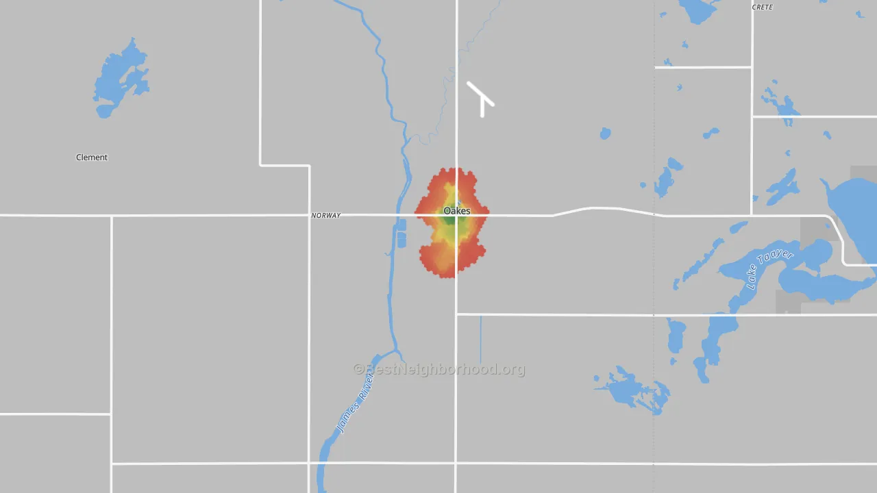 Walk Grade map of 58474, ND, walkable areas in green and car-dependent areas in red
