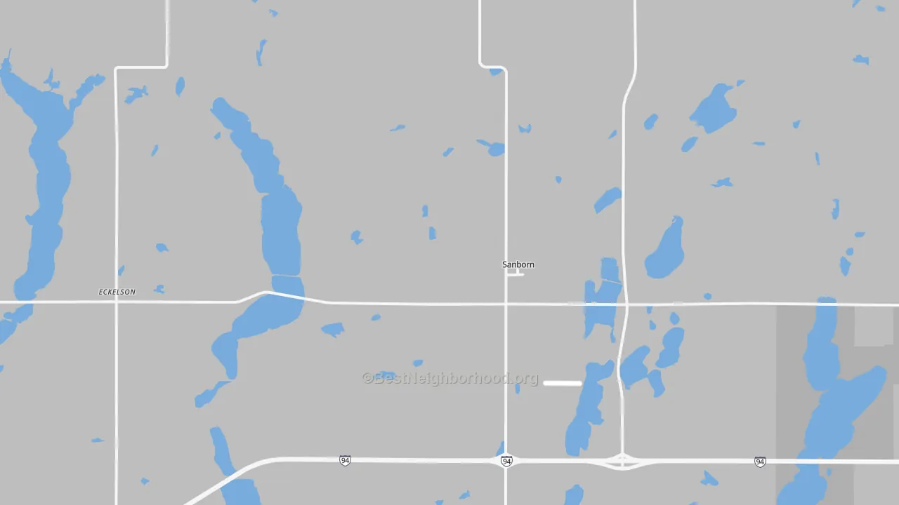 Walk Grade map of 58480, ND, walkable areas in green and car-dependent areas in red