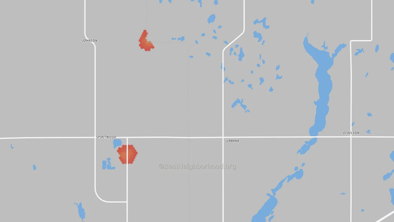 Walk Grade map of 58481, ND, walkable areas in green and car-dependent areas in red