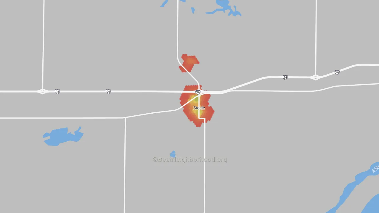 Walk Grade map of 58482, ND, walkable areas in green and car-dependent areas in red