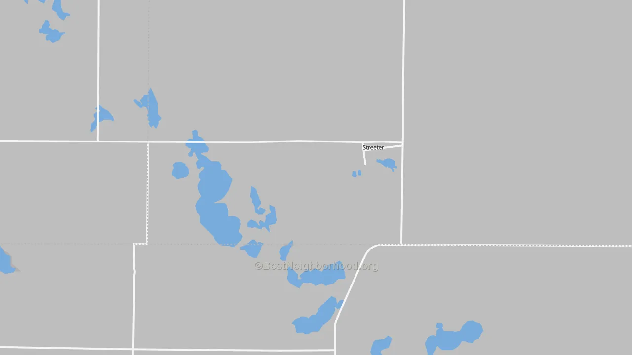 Walk Grade map of 58483, ND, walkable areas in green and car-dependent areas in red