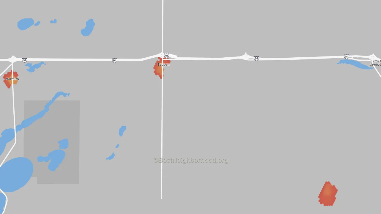 Walk Grade map of 58487, ND, walkable areas in green and car-dependent areas in red