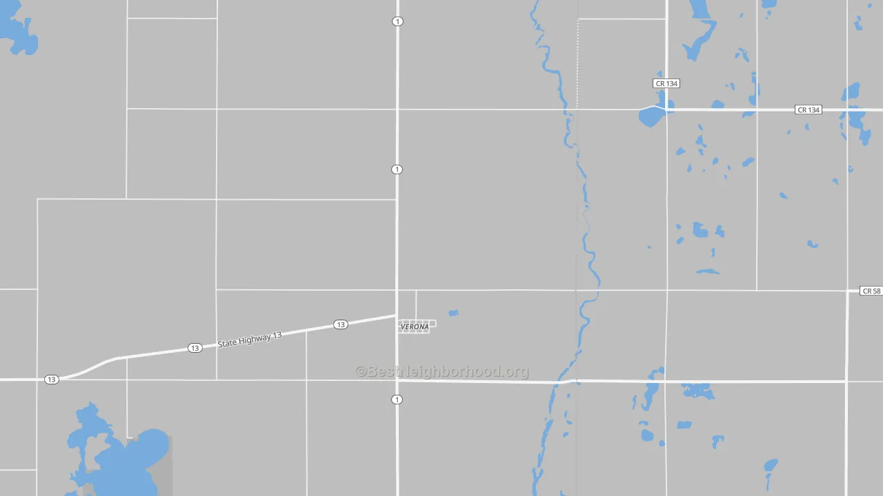 Walk Grade map of 58490, ND, walkable areas in green and car-dependent areas in red