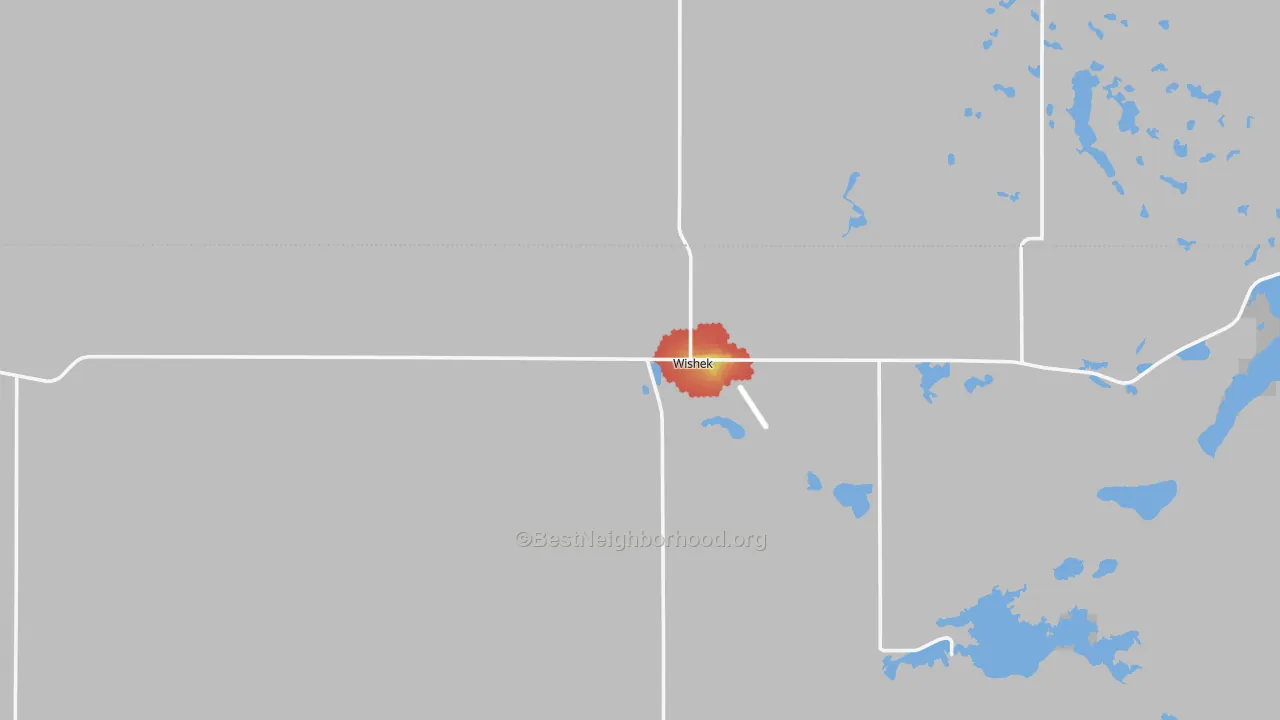 Walk Grade map of 58495, ND, walkable areas in green and car-dependent areas in red