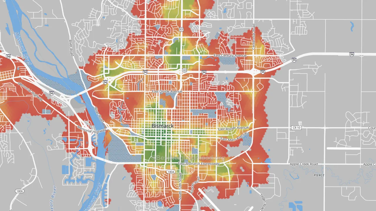 Walk Grade map of 58501, ND, walkable areas in green and car-dependent areas in red