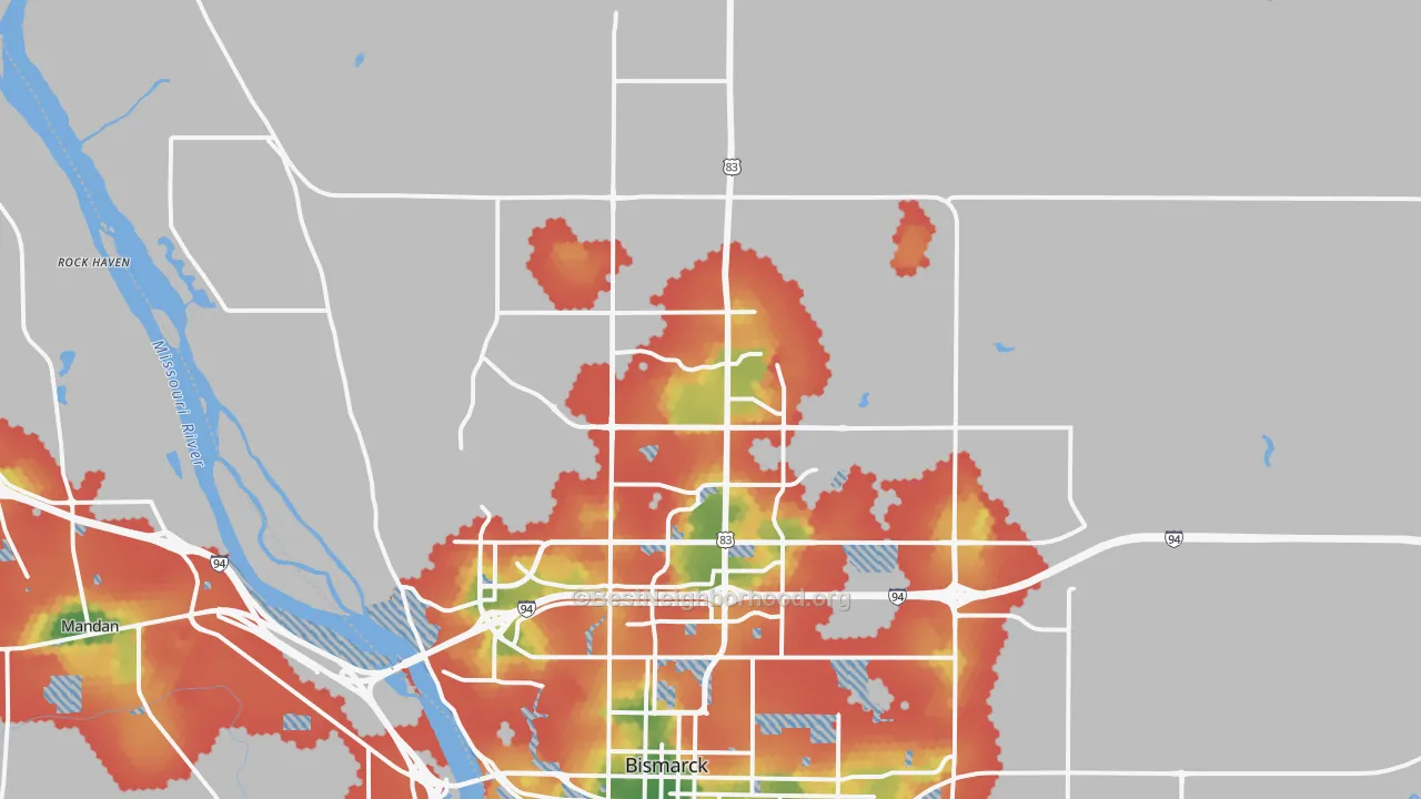 Walk Grade map of 58503, ND, walkable areas in green and car-dependent areas in red