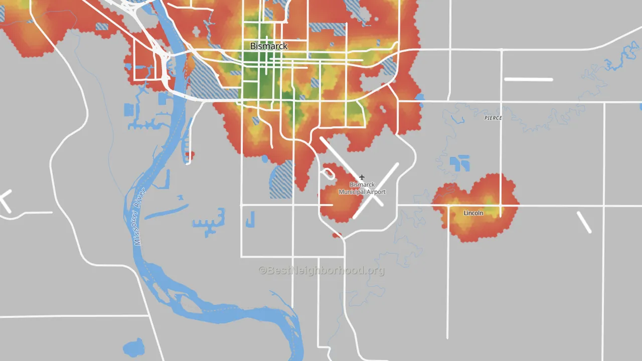 Walk Grade map of 58504, ND, walkable areas in green and car-dependent areas in red