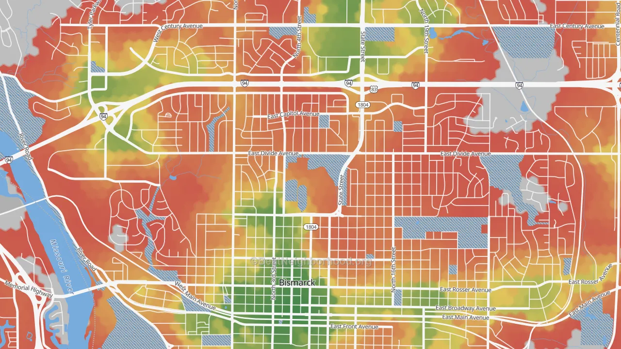 Walk Grade map of 58505, ND, walkable areas in green and car-dependent areas in red
