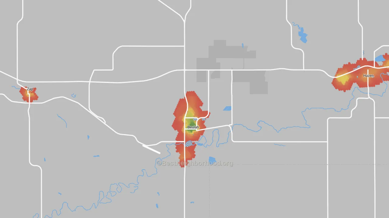 Walk Grade map of 58523, ND, walkable areas in green and car-dependent areas in red