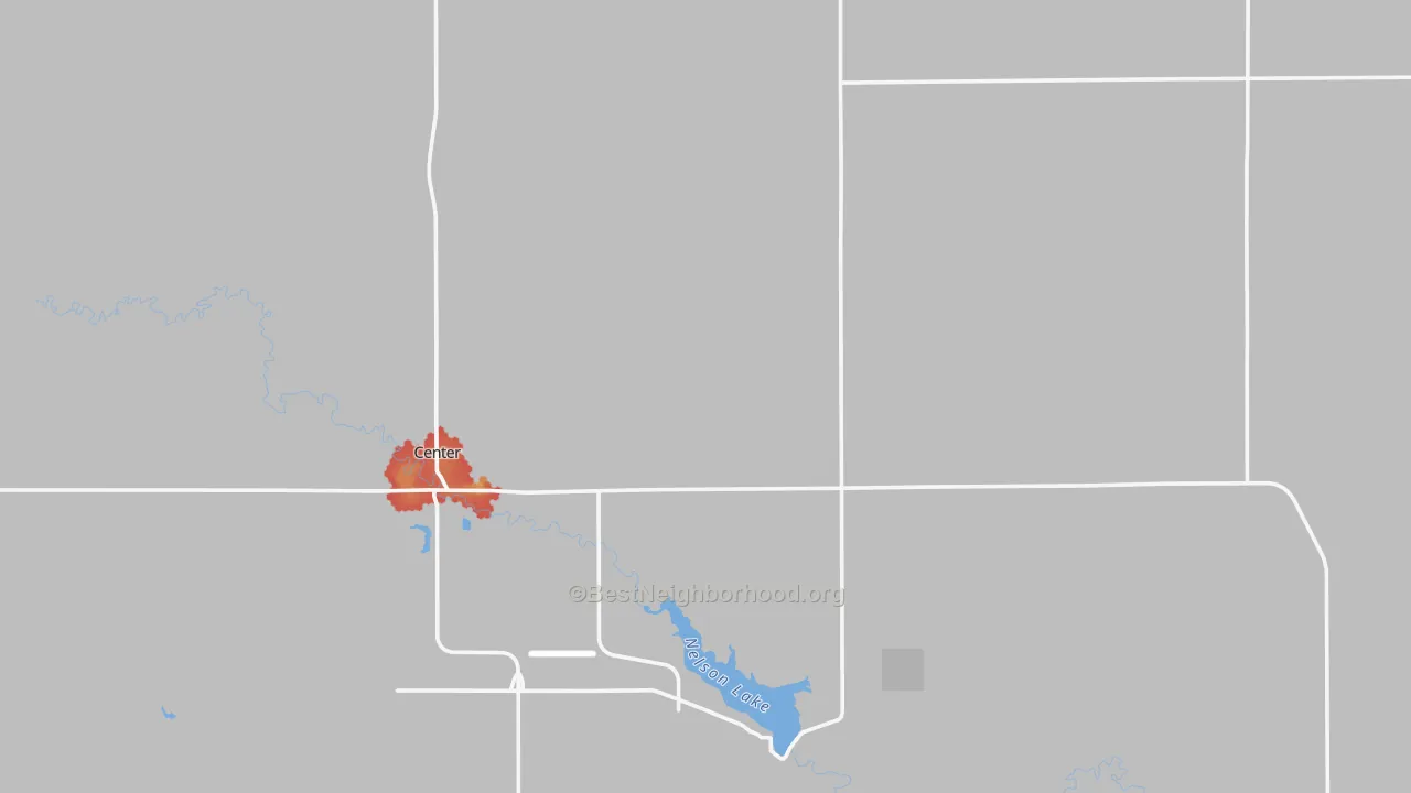 Walk Grade map of 58530, ND, walkable areas in green and car-dependent areas in red