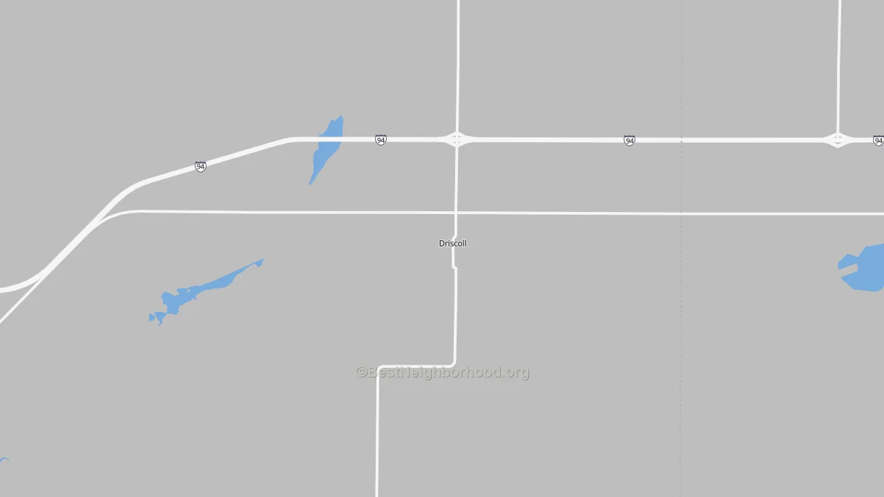 Walk Grade map of 58532, ND, walkable areas in green and car-dependent areas in red