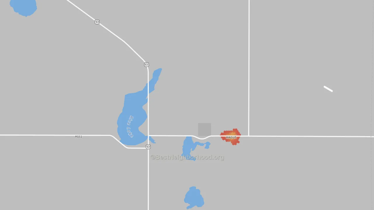 Walk Grade map of 58542, ND, walkable areas in green and car-dependent areas in red