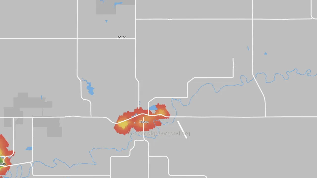 Walk Grade map of 58545, ND, walkable areas in green and car-dependent areas in red