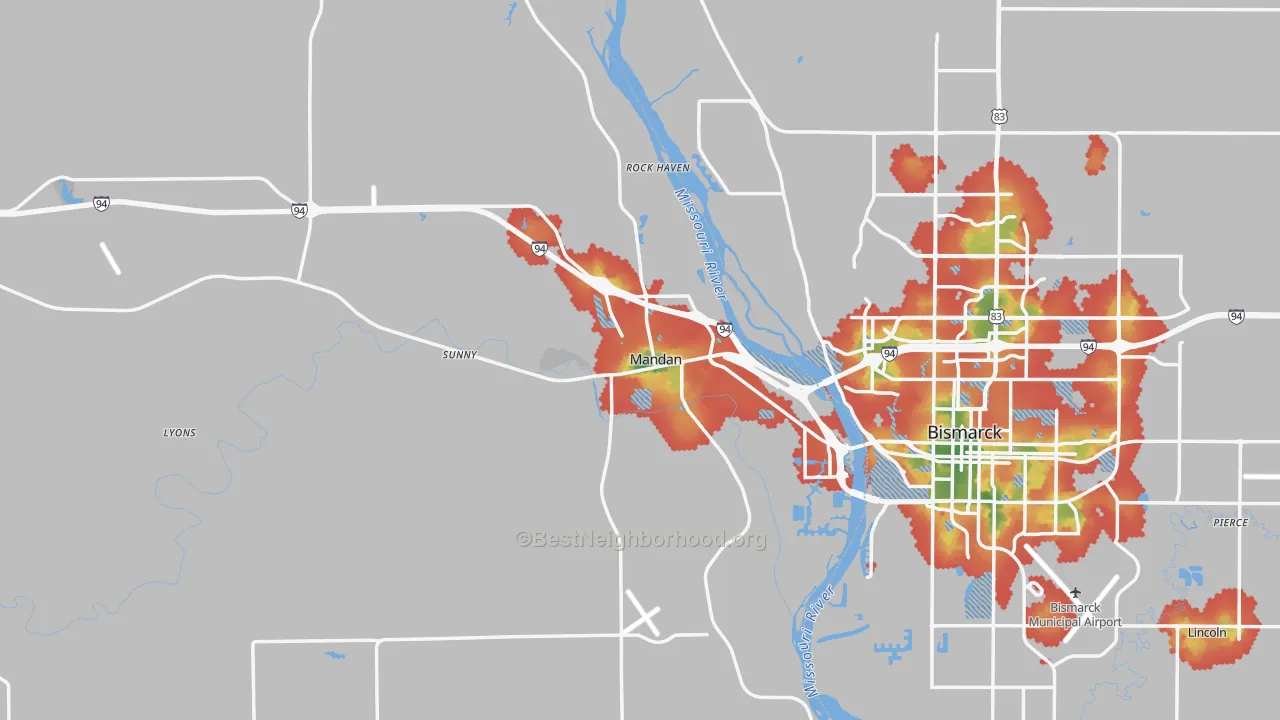 Walk Grade map of 58554, ND, walkable areas in green and car-dependent areas in red