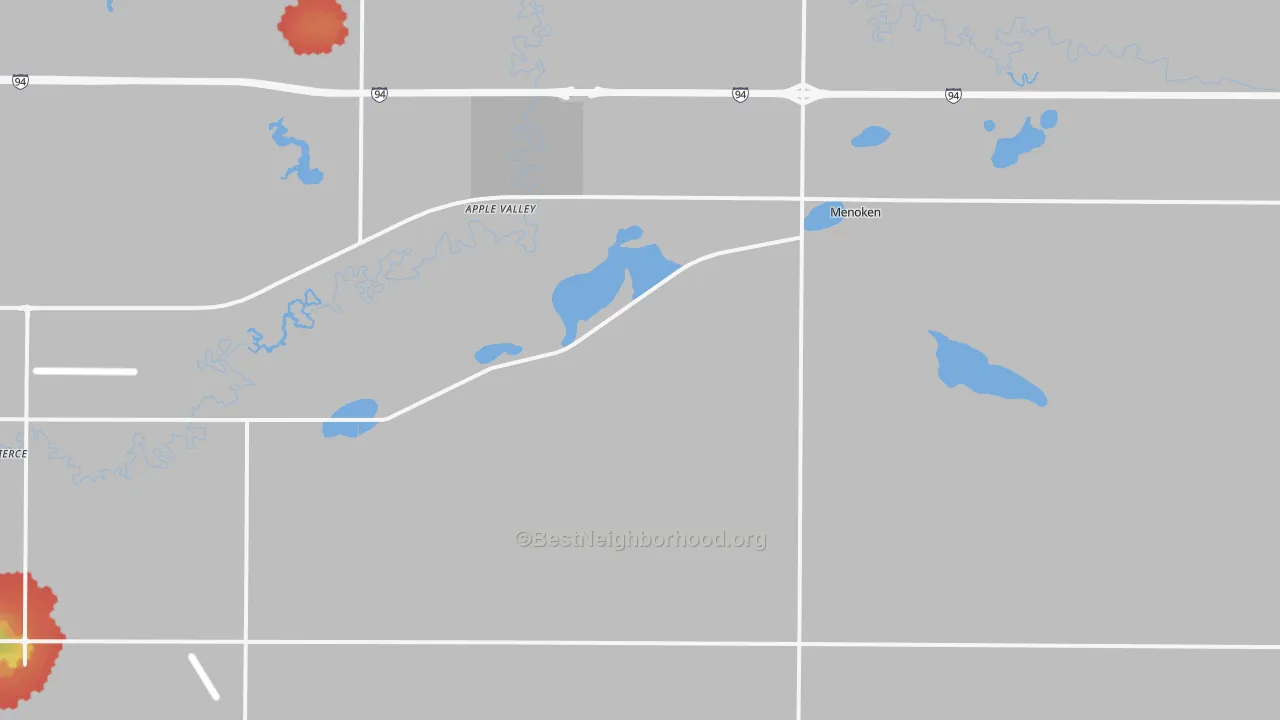Walk Grade map of 58558, ND, walkable areas in green and car-dependent areas in red