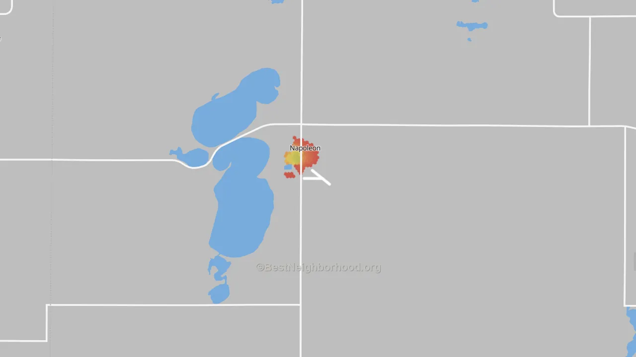 Walk Grade map of 58561, ND, walkable areas in green and car-dependent areas in red