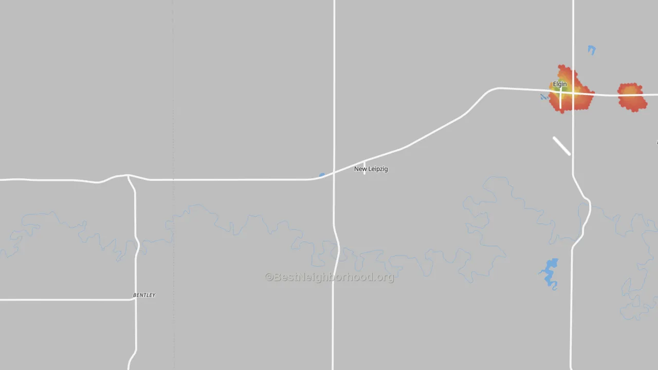 Walk Grade map of 58562, ND, walkable areas in green and car-dependent areas in red