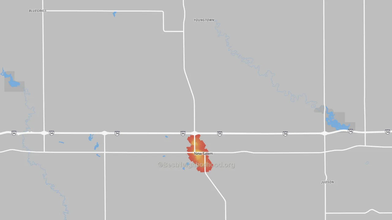 Walk Grade map of 58563, ND, walkable areas in green and car-dependent areas in red