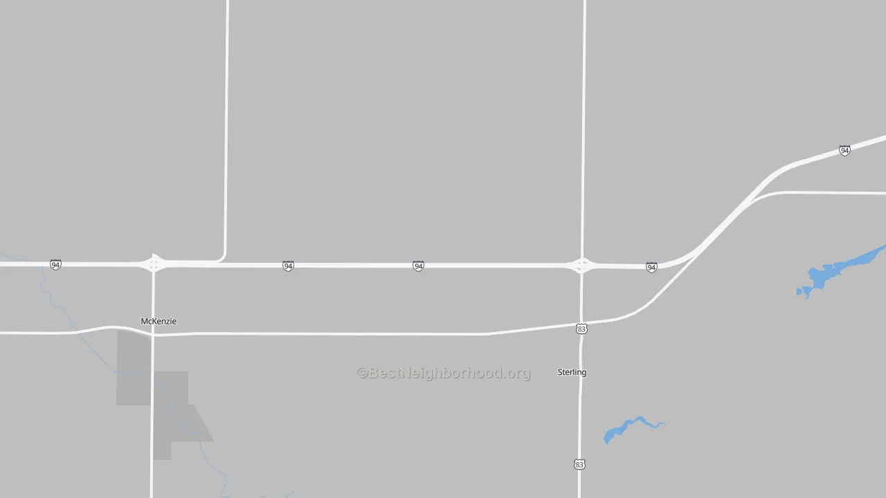 Walk Grade map of 58572, ND, walkable areas in green and car-dependent areas in red