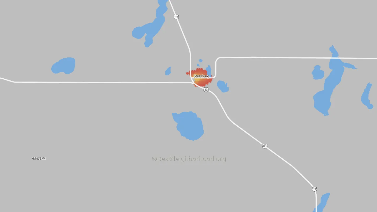 Walk Grade map of 58573, ND, walkable areas in green and car-dependent areas in red