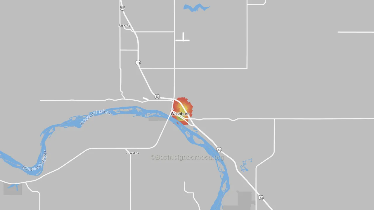 Walk Grade map of 58577, ND, walkable areas in green and car-dependent areas in red