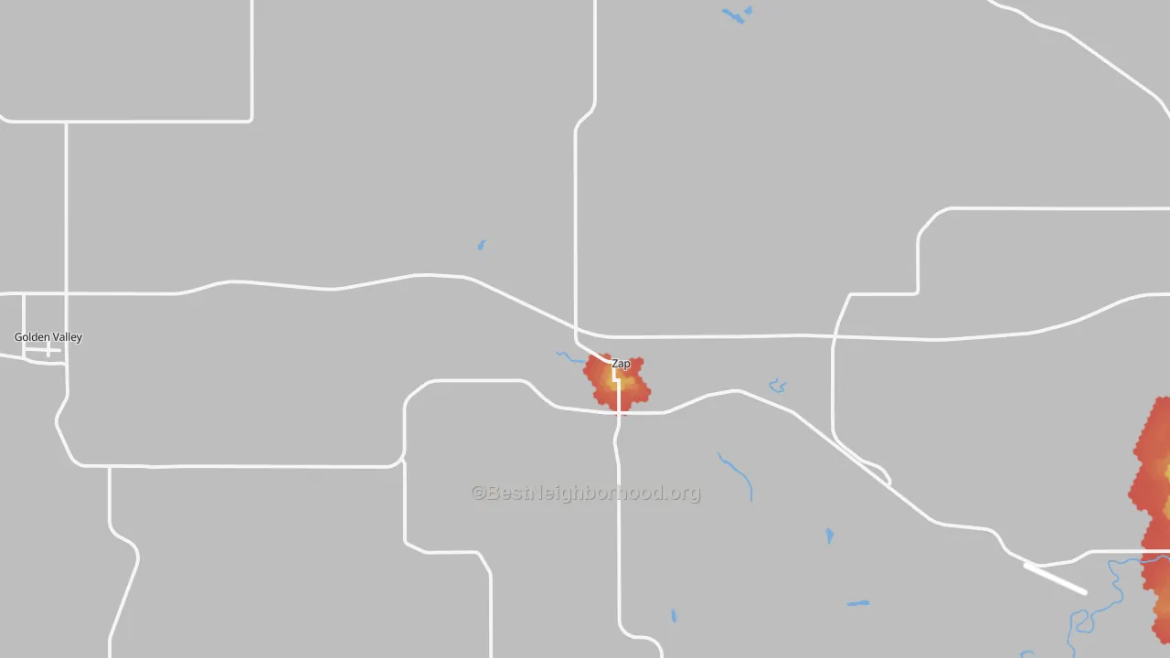 Walk Grade map of 58580, ND, walkable areas in green and car-dependent areas in red