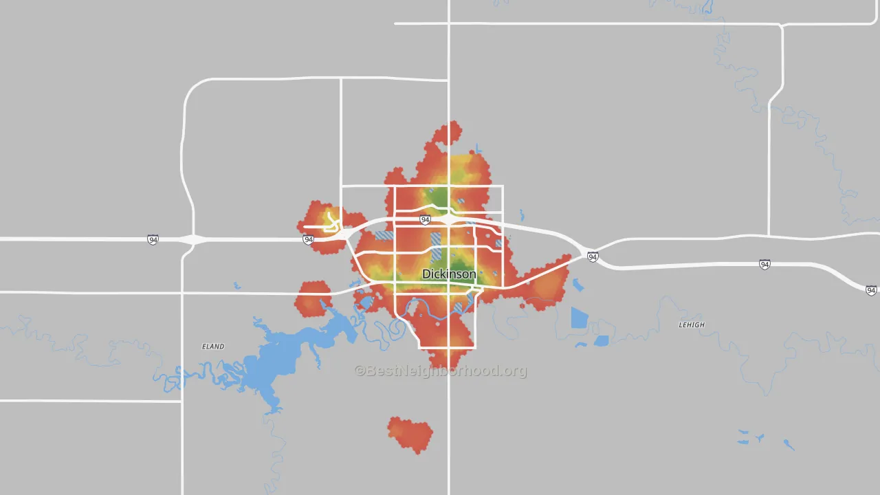 Walk Grade map of 58601, ND, walkable areas in green and car-dependent areas in red