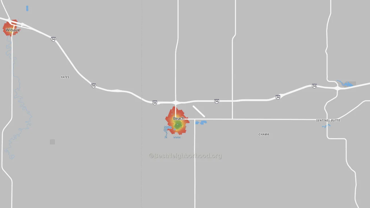 Walk Grade map of 58621, ND, walkable areas in green and car-dependent areas in red