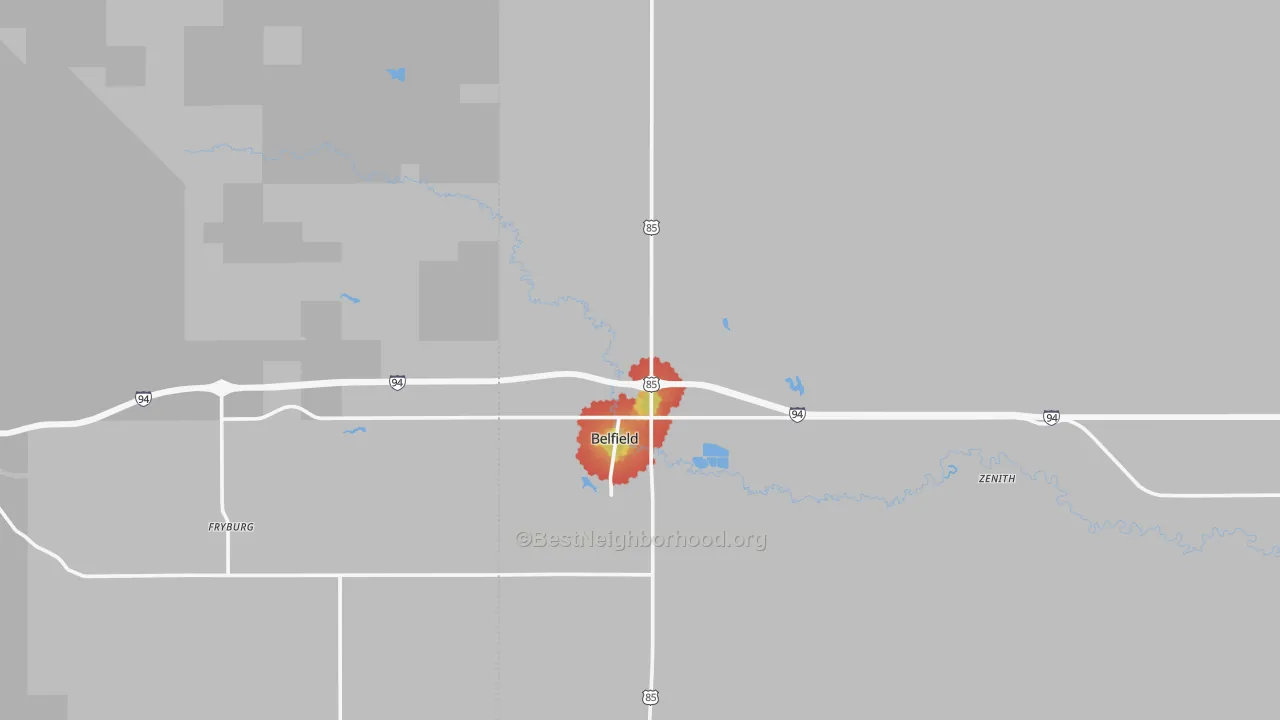 Walk Grade map of 58622, ND, walkable areas in green and car-dependent areas in red