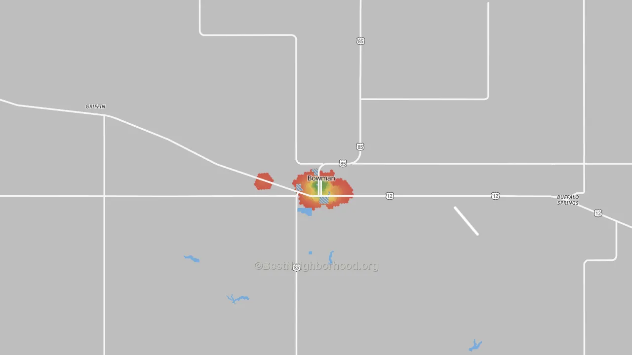 Walk Grade map of 58623, ND, walkable areas in green and car-dependent areas in red