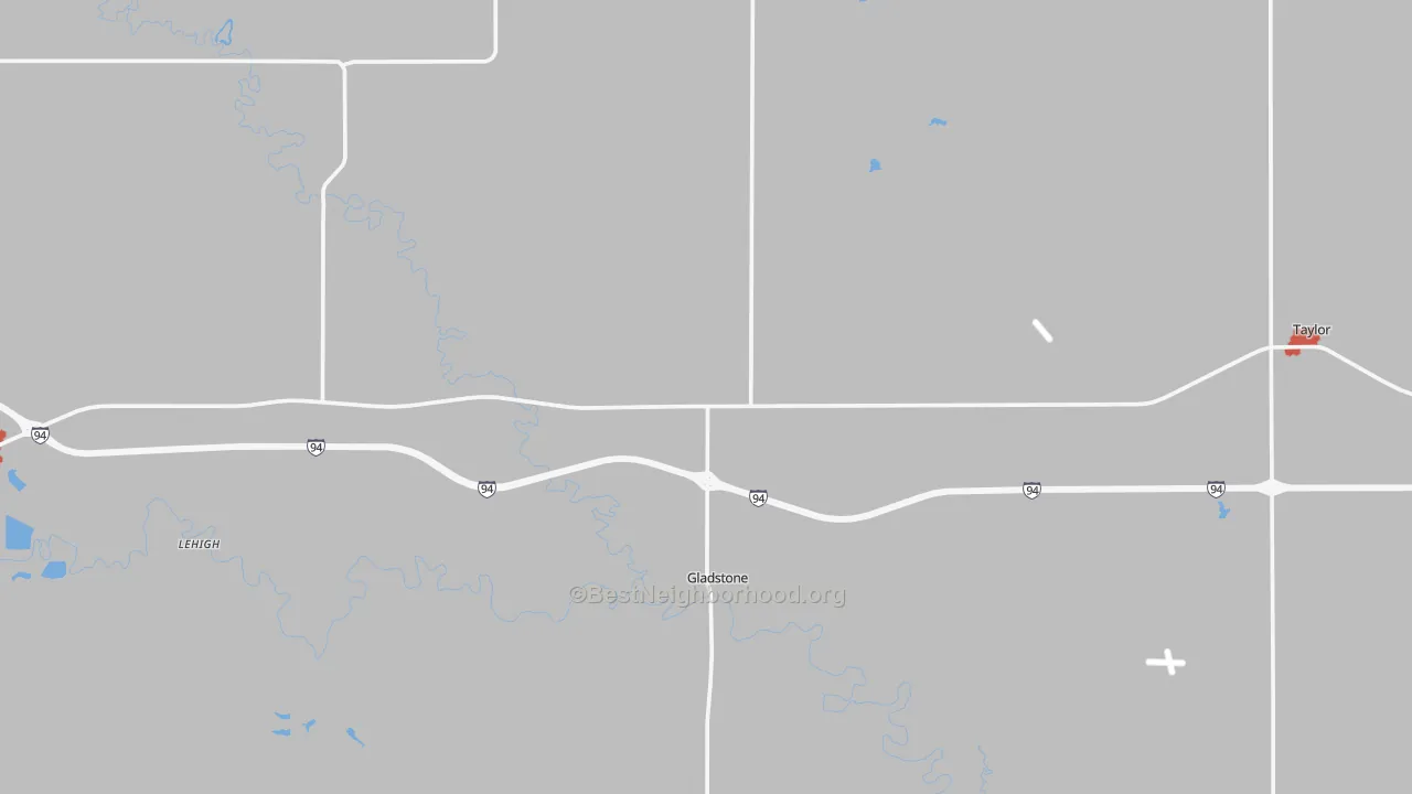 Walk Grade map of 58630, ND, walkable areas in green and car-dependent areas in red