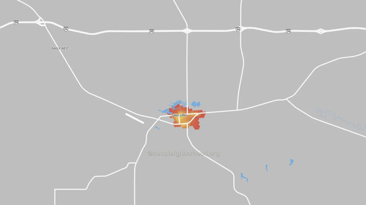Walk Grade map of 58631, ND, walkable areas in green and car-dependent areas in red