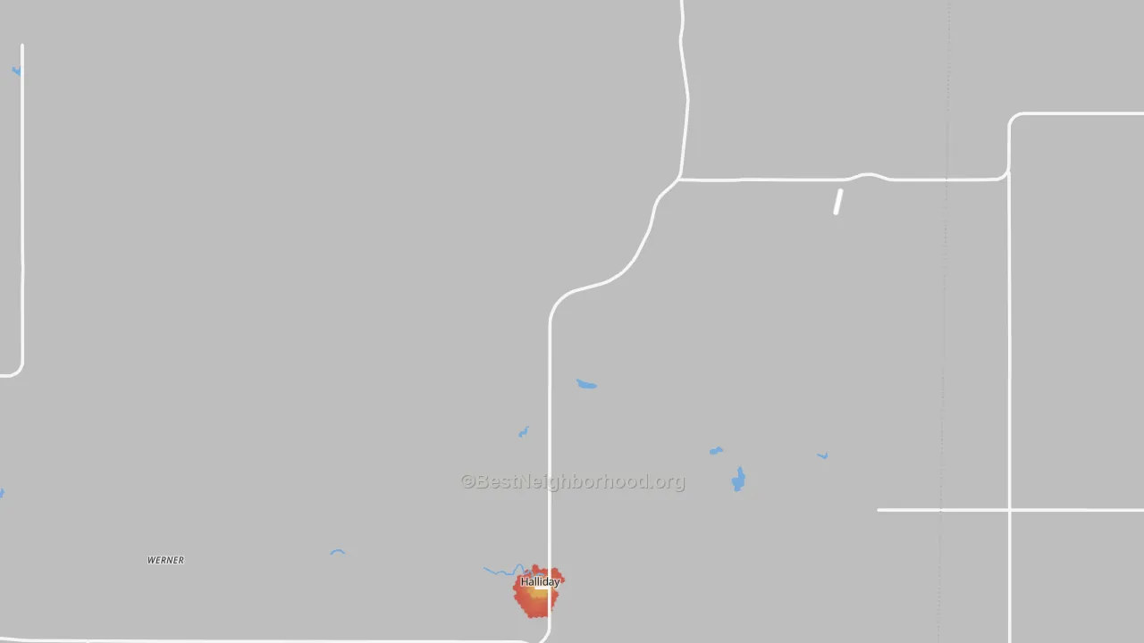 Walk Grade map of 58636, ND, walkable areas in green and car-dependent areas in red