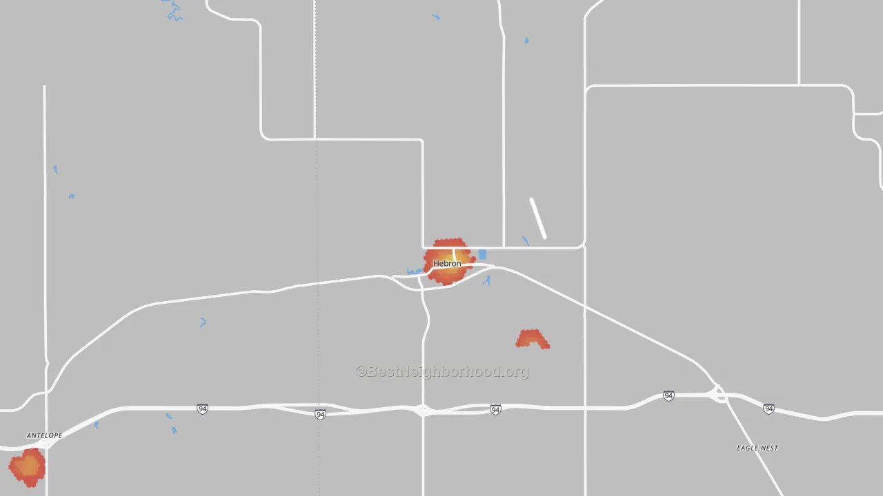 Walk Grade map of 58638, ND, walkable areas in green and car-dependent areas in red