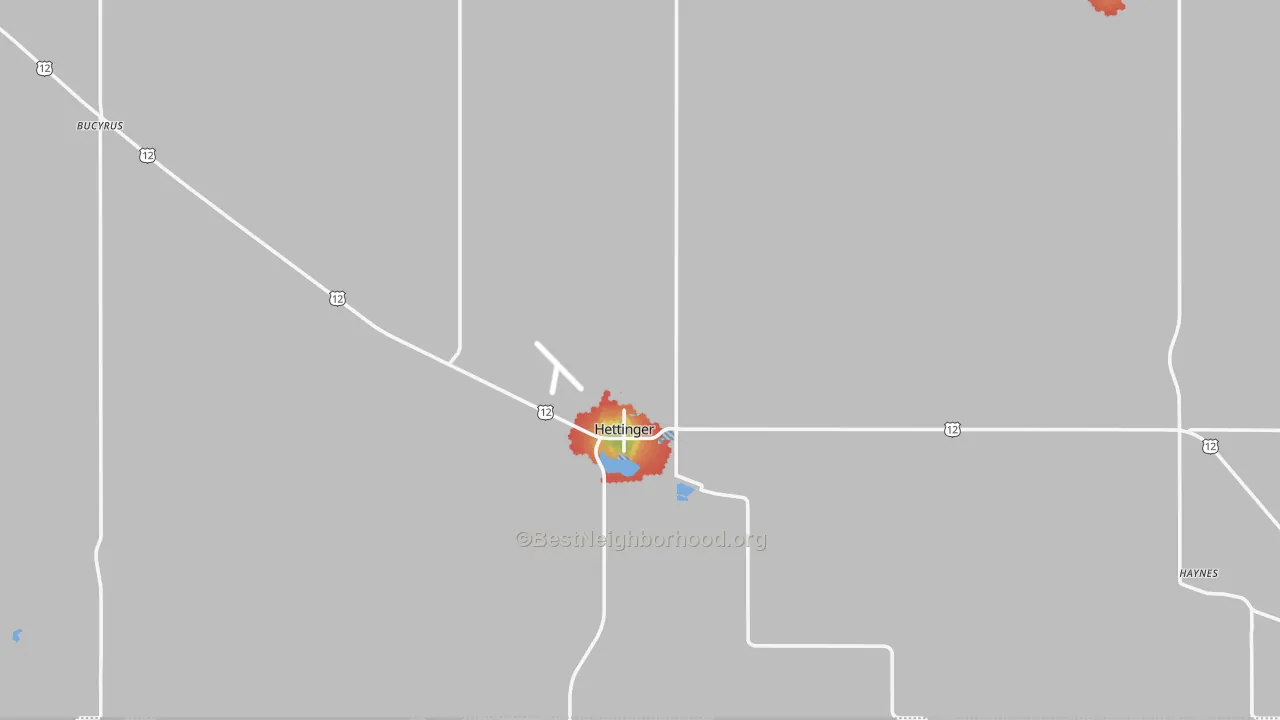 Walk Grade map of 58639, ND, walkable areas in green and car-dependent areas in red