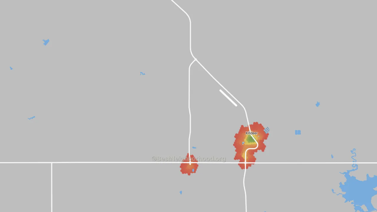 Walk Grade map of 58640, ND, walkable areas in green and car-dependent areas in red