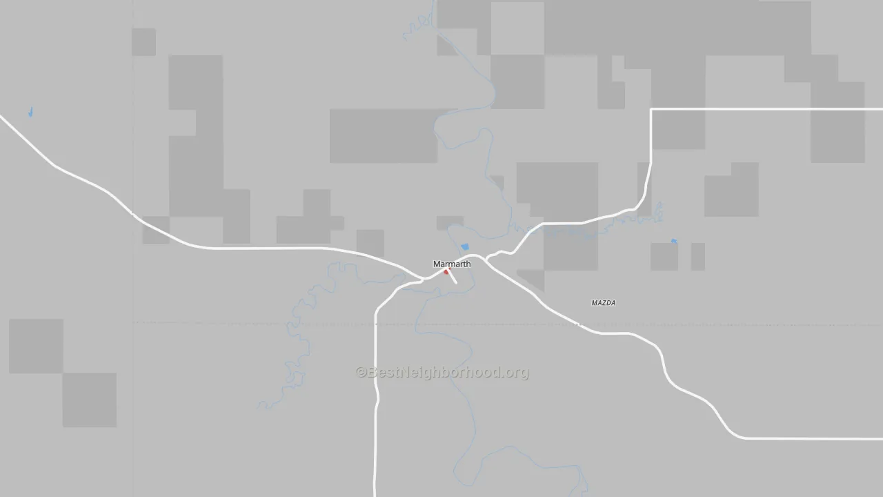 Walk Grade map of 58643, ND, walkable areas in green and car-dependent areas in red