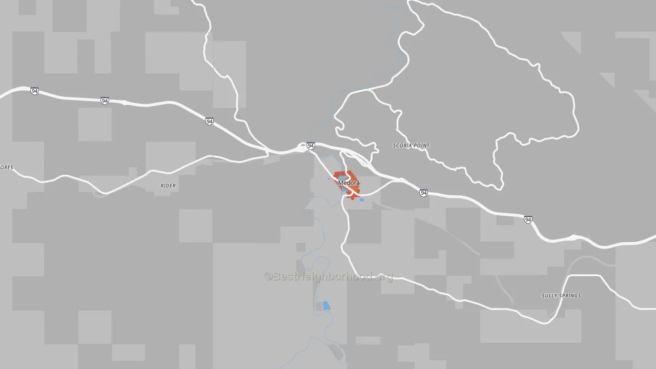 Walk Grade map of 58645, ND, walkable areas in green and car-dependent areas in red