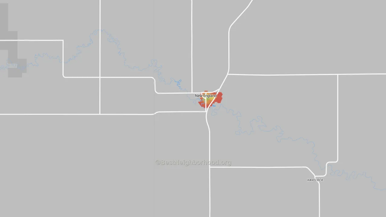 Walk Grade map of 58647, ND, walkable areas in green and car-dependent areas in red