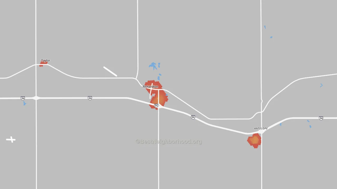Walk Grade map of 58652, ND, walkable areas in green and car-dependent areas in red