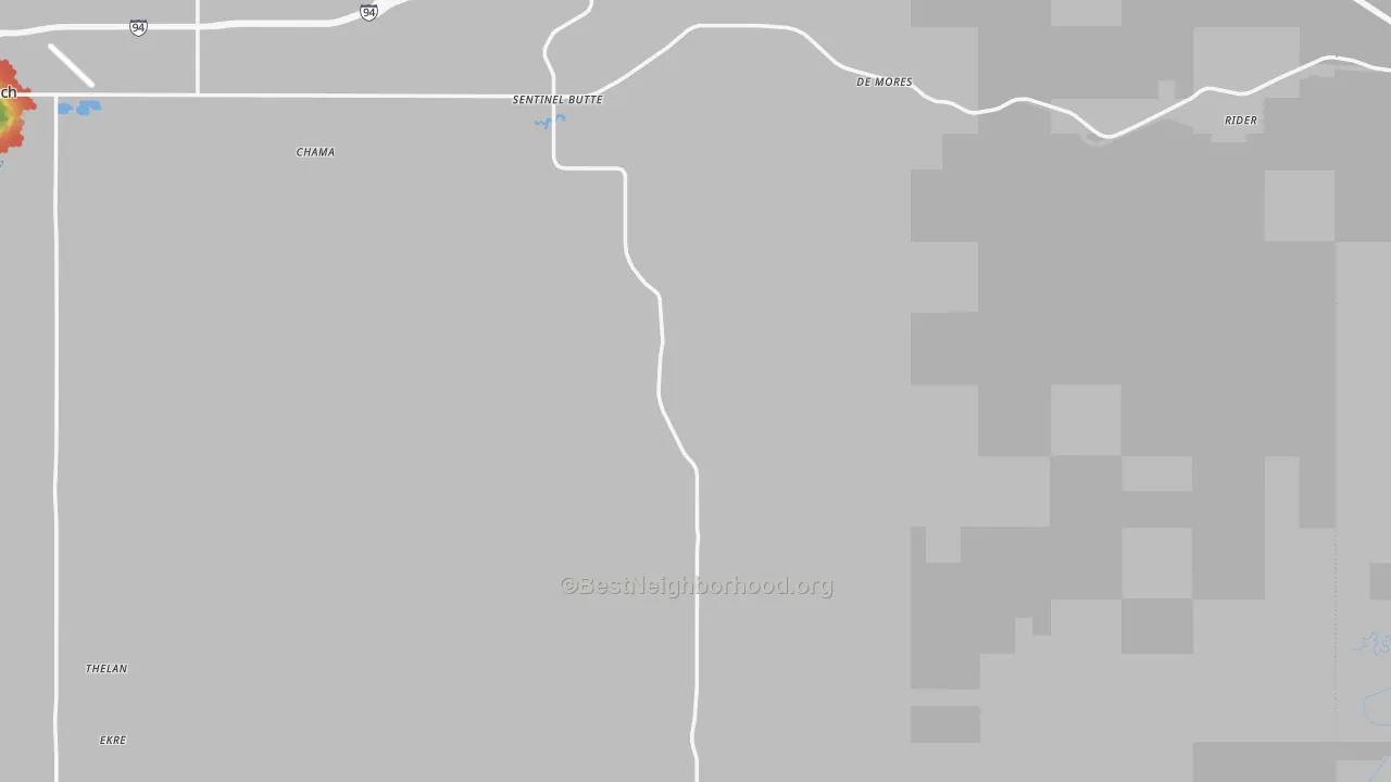 Walk Grade map of 58654, ND, walkable areas in green and car-dependent areas in red