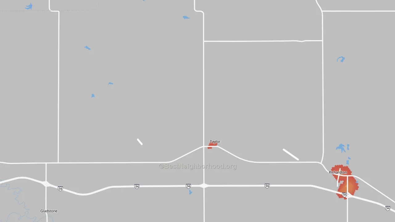 Walk Grade map of 58656, ND, walkable areas in green and car-dependent areas in red