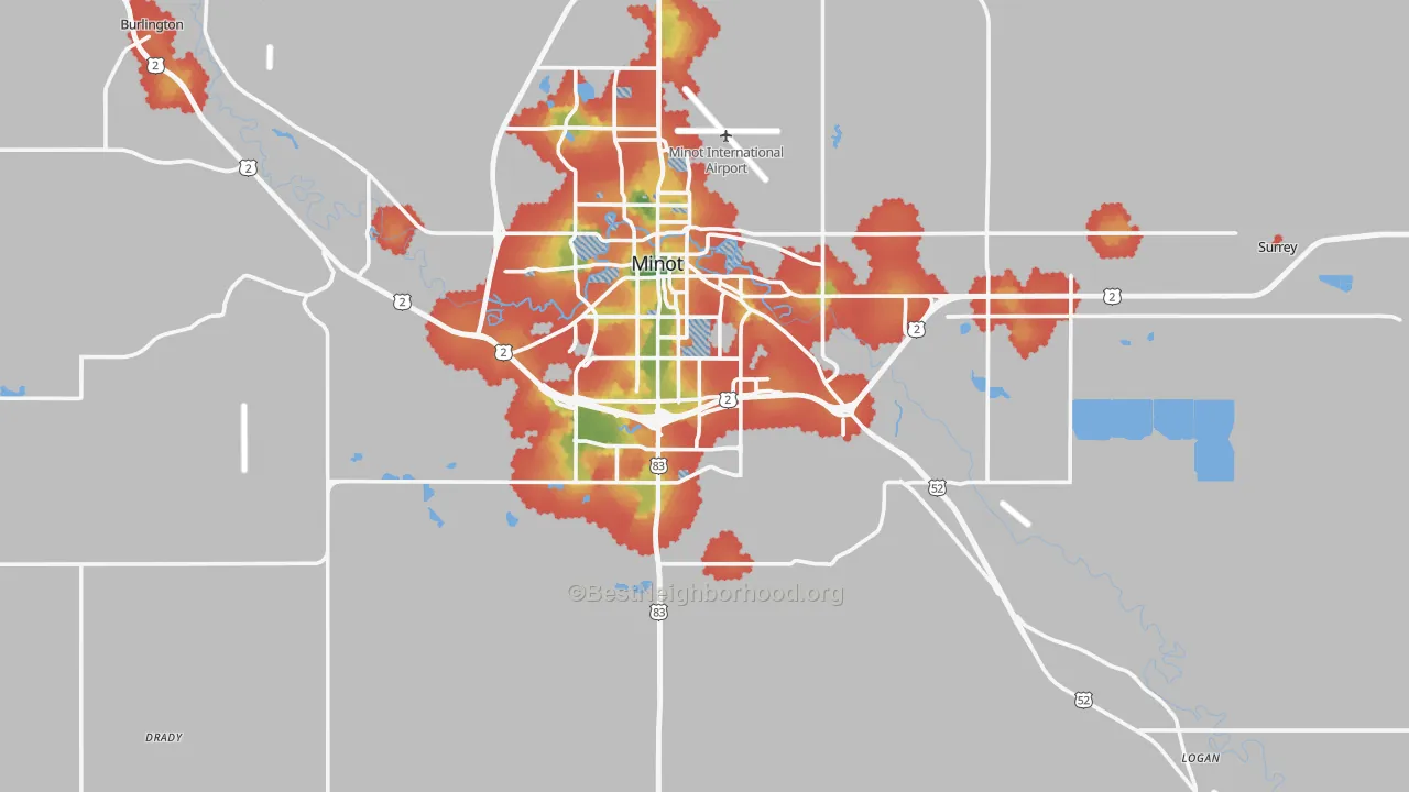 Walk Grade map of 58701, ND, walkable areas in green and car-dependent areas in red