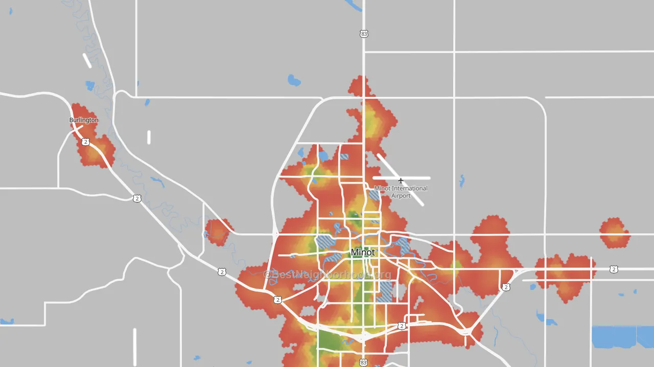Walk Grade map of 58703, ND, walkable areas in green and car-dependent areas in red