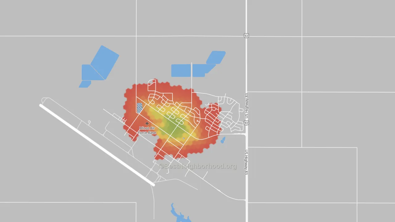 Walk Grade map of 58704, ND, walkable areas in green and car-dependent areas in red