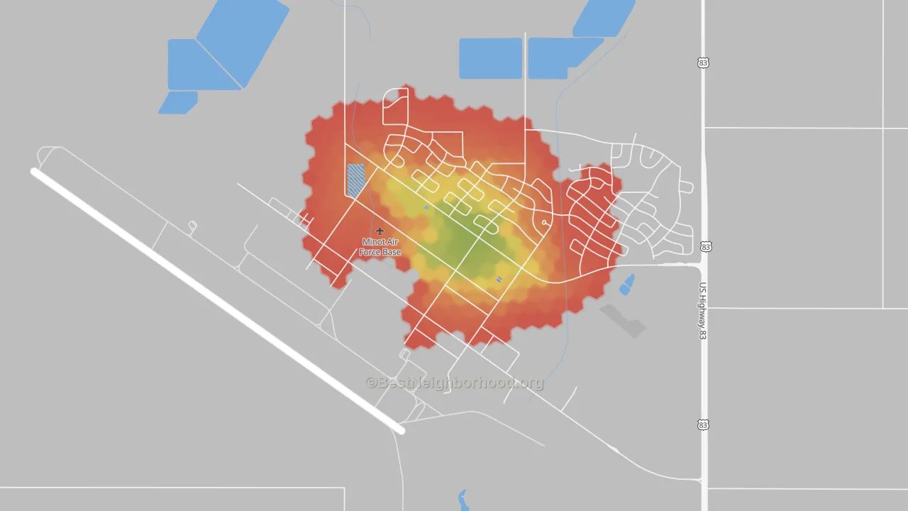 Walk Grade map of 58705, ND, walkable areas in green and car-dependent areas in red