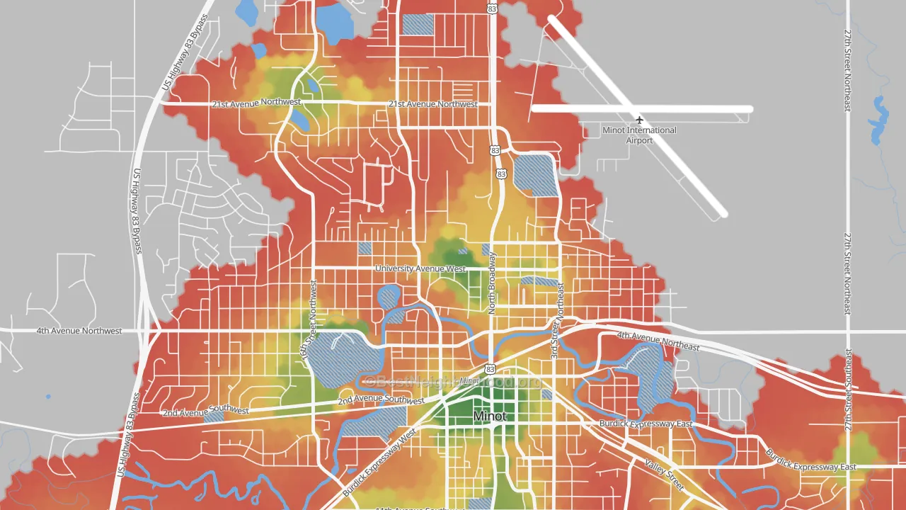 Walk Grade map of 58707, ND, walkable areas in green and car-dependent areas in red