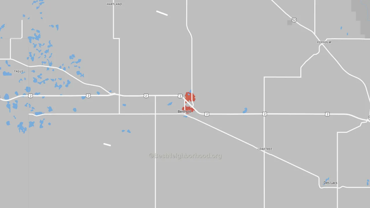 Walk Grade map of 58718, ND, walkable areas in green and car-dependent areas in red